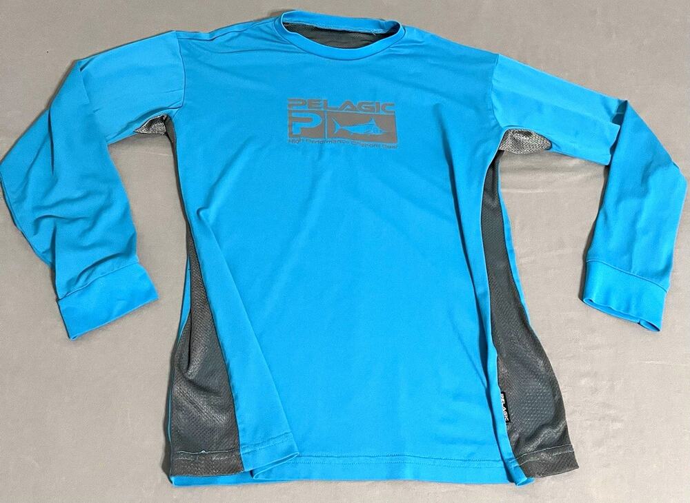 PELAGIC PFX Boys S Blue/Gray Logo Mesh Breathable Long Sleeve Fishing Shirt Spot